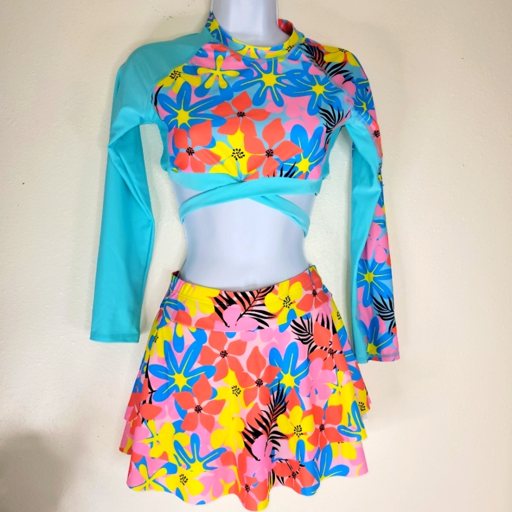 Floral Long Sleeve swimsuit with bottoms and Skirt